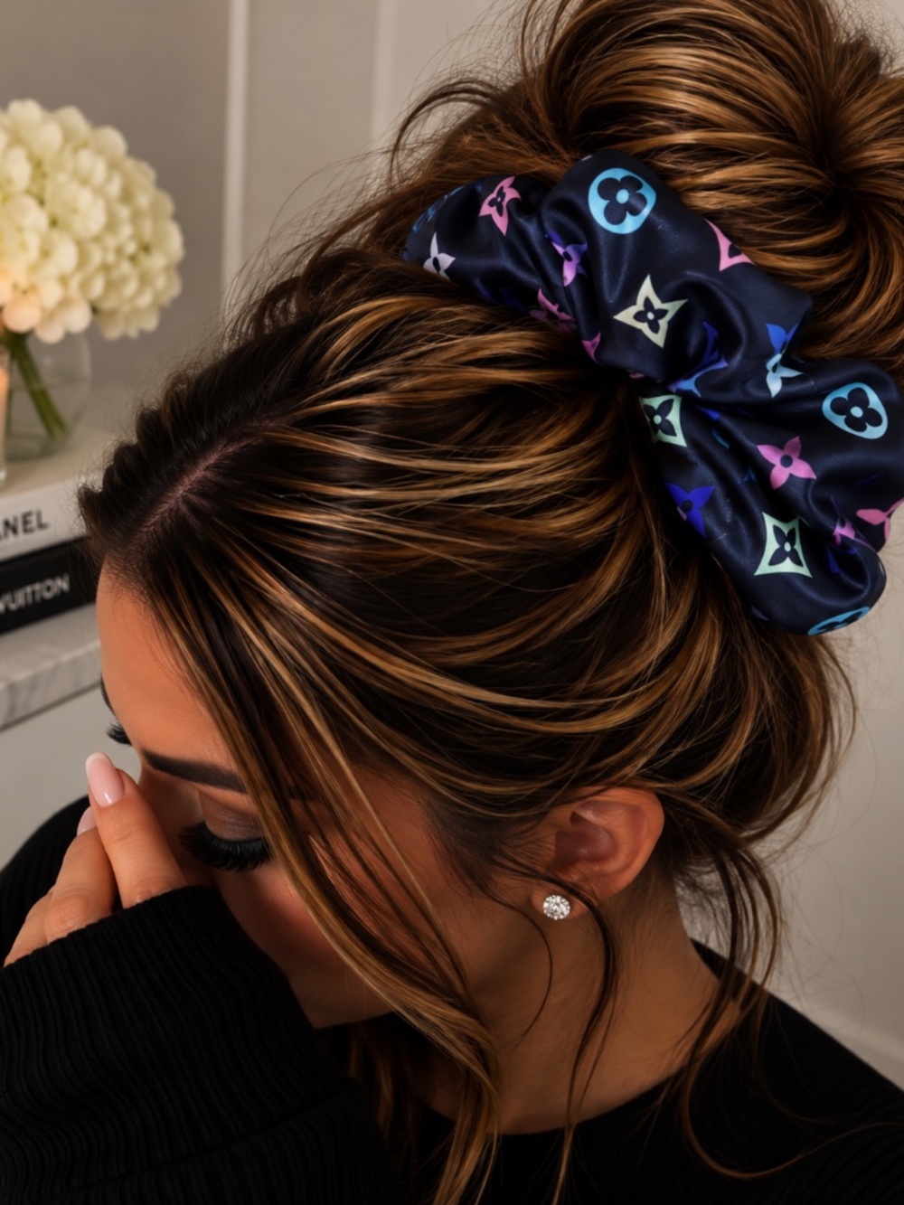Black Colorful Printed Scrunchie NEW